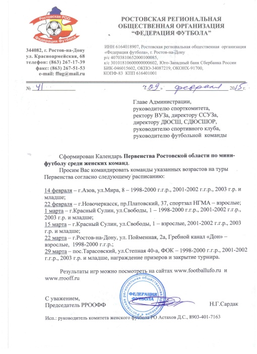 Календарь Первенства Ростовской области по мини-футболу среди женских команд. 